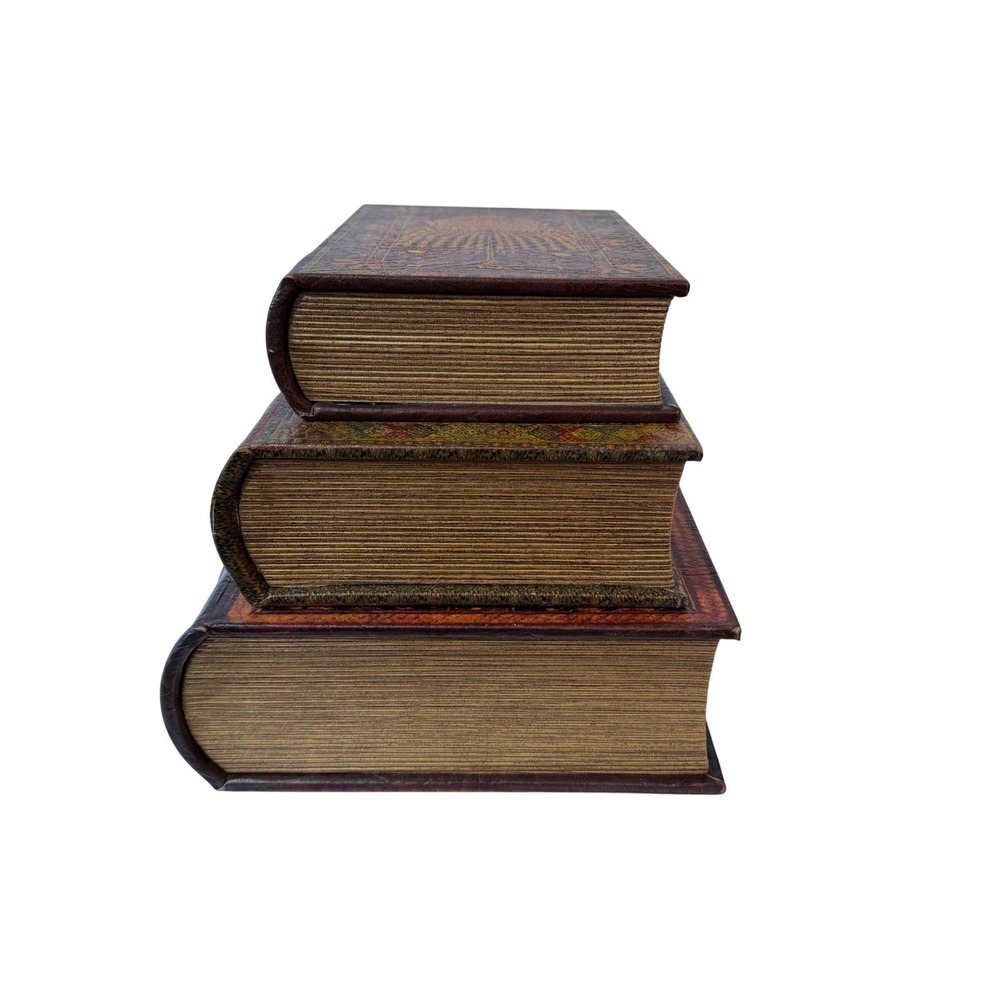 Vintage Style Faux Book Storage Box Set of 3 Nesting Tooled Leather Look Decor - Picture 12 of 12